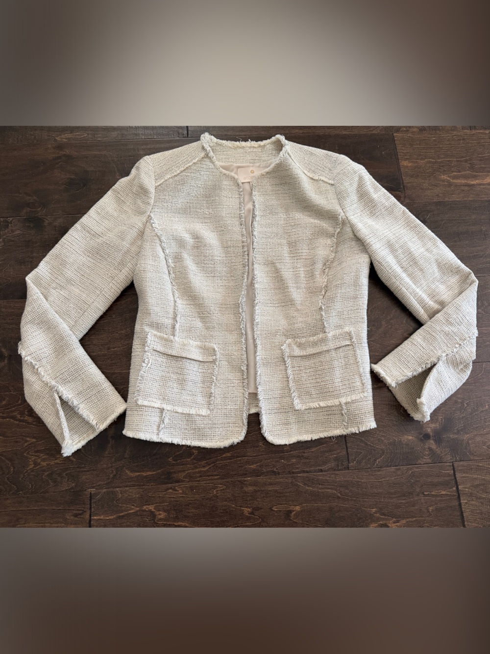 Etcetera Cream and Silver Metallic Tweed Fringe Trim Open Jacket